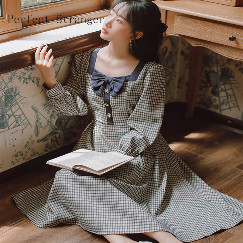 2022 Spring Autumn New Arrival Retro Sweet Square Collar Plaid Bowknot Long Sleeve Women Dress | Женская одежда