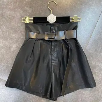

ZCSMLL 2020 Winter with Belt shorts Shrink Decoration Lace Small Feminine Temperament Wide Trousers High Waist PU Shorts