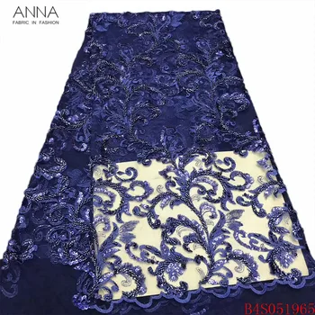 

Anna navy blue african heavy handmade beaded lace fabric 2020 high quality embroidery lace french sequin fabric for dress sewing