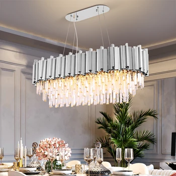 

Luxury Rectangle Crystal Chandelier Lighting Hanglamp Kitchen Island Light Fixtures Gold/chrome Steel for Dining Room Modern E14