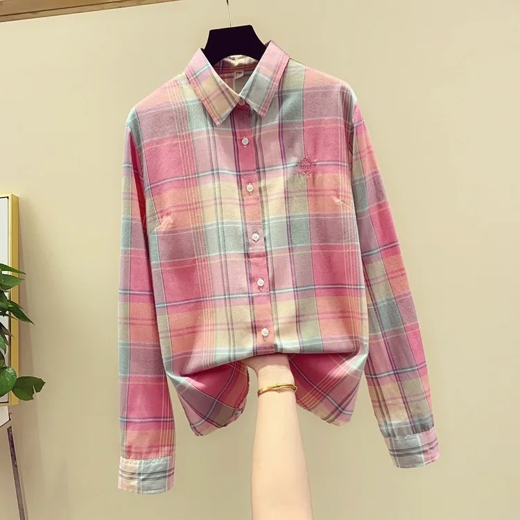 Новинка, женские блузки, рубашки с длинным рукавом, хлопок, клетчатая рубашка, повседневные женские топы размера плюс, верхняя одежда - Цвет: 2015