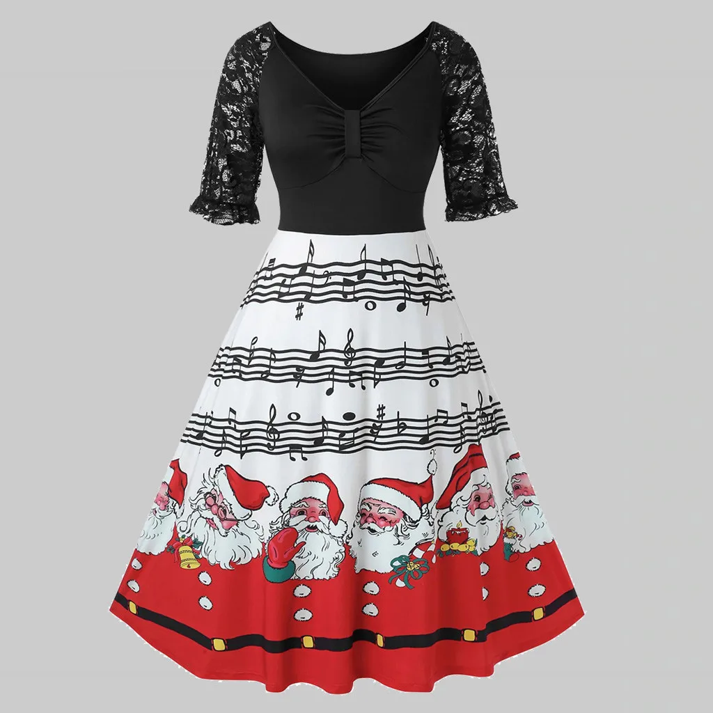 

Merry Christmas Dress Women Music Print Lace Dresses 2019 High Quality A Line Vintage Dress Plus Size 50s 60s Retro New Clothes