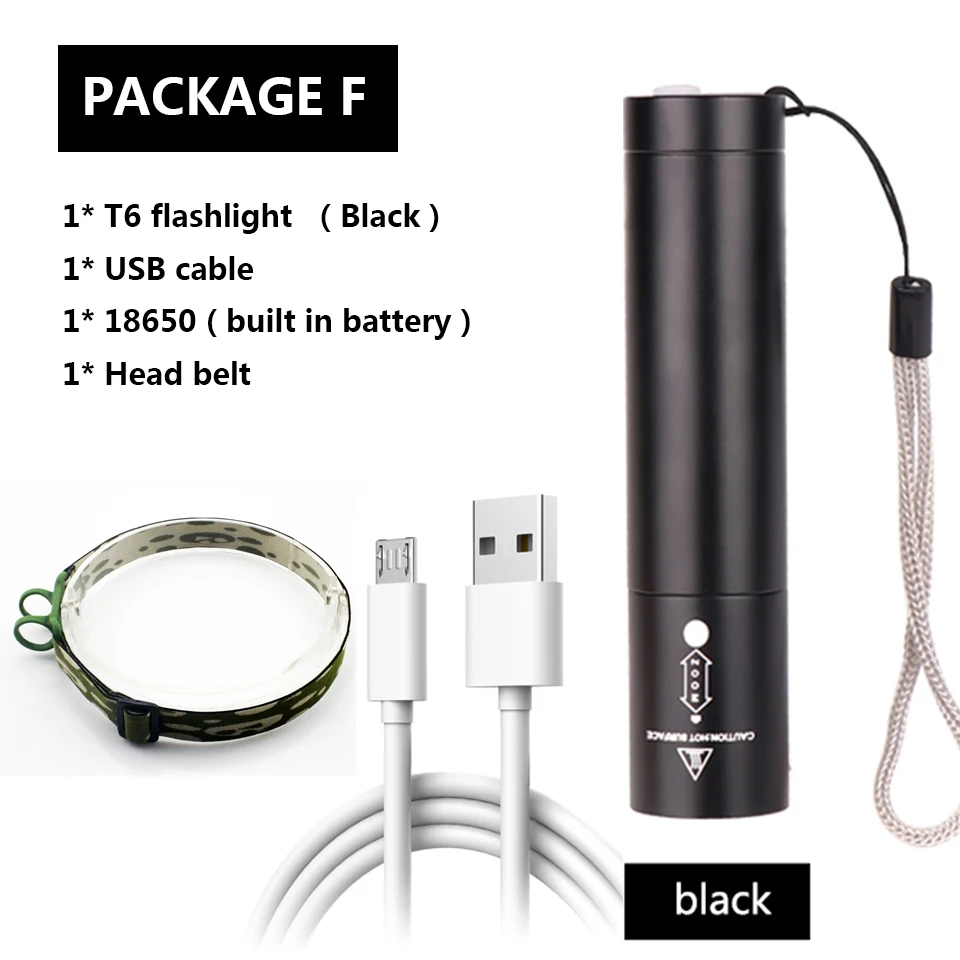 Package F 2 в 1 Внешний аккумулятор Перезаряжаемый встроенный аккумулятор 18650 XM-L T6 светодиодный фонарь 3 режима переключатель зум-объектив - Испускаемый цвет: Package F