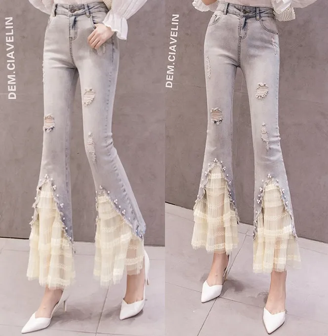 

Multi-layer Lotus Leaf Edge Lace Splicing Jeans Women's Pants Korean Style Temperament Pearl Horn Jeans Feminino Dzinsy Damskie