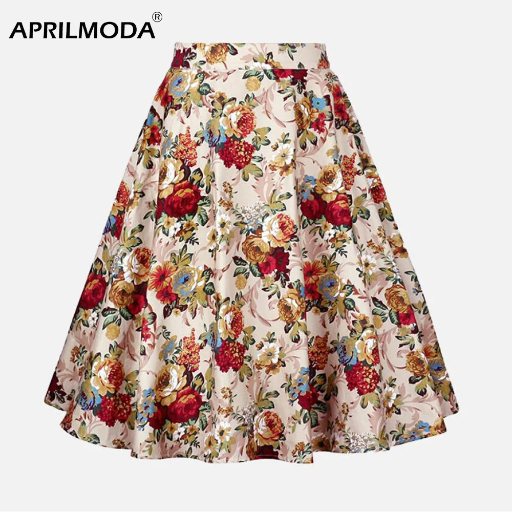 Винтажная ретро юбка для женщин цветочный принт хлопок А-силуэт рокабилли вечерние плиссированные юбки с высокой талией в стиле панк Рок