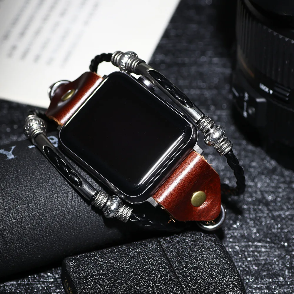 Винтажный ремешок для часов из искусственной кожи, ремешок для Apple Watch, серия 4, 3, плетеный браслет с бусинами, ремешок для iWatch, 44 мм, 42 мм, 38 мм, 40 мм, новинка