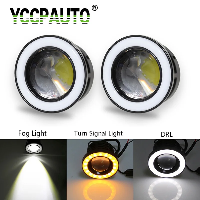 

YCCPAUTO 2.5/3.0/3.5 inch Car LED Fog Lights Waterproof White+Yellow/Amber COB Angel Eyes DRL Turn Signal Lamp Bulbs 12v 2Pcs