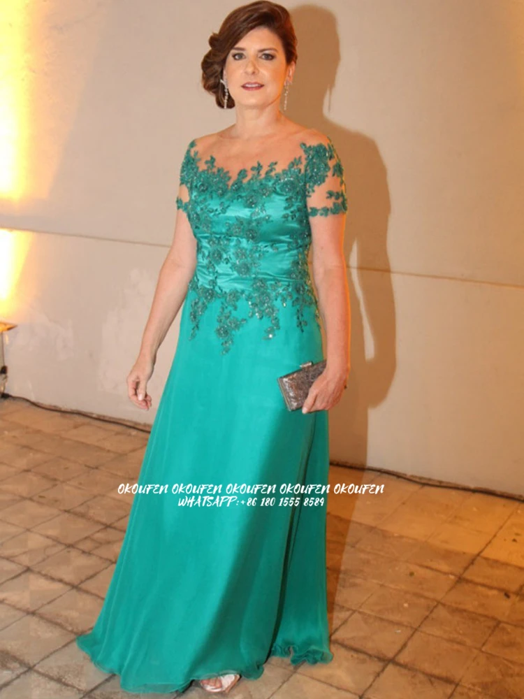 

Long Mother Of The Bride Dresses For Wedding Party Sheer Neck Illusion Short Sleeves Green Formal Evening Wedding Guest Gowns