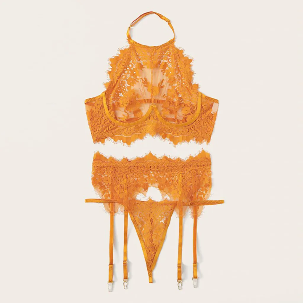 Уникальный сексуальный изысканный женский бюстгальтер набор оранжевого кружевного белья бюстгальтер+ подвязка+ трусы Набор Babydoll с вырезами прозрачные женские нижнее белье