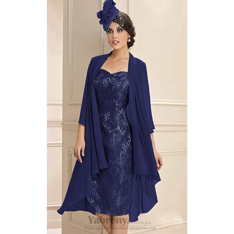 Vestido de encaje azul marino para madre de la novia, chaqueta de gasa, traje 2 piezas _ - AliExpress Mobile