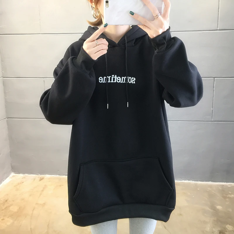

Korean Letter Embroidery Hooded Black Plus Velvet Loose Hoodie Round Neck Long Sleeve Beige White Sweatershirt Woman M XL XXL L