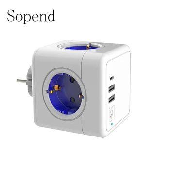 

Sopend PowerCube Power Strip USB 2.1a/3.1a EU Plug Multi Smart Socket Wall Electrical 16A 4 Outlets Home Charging Type C Blue