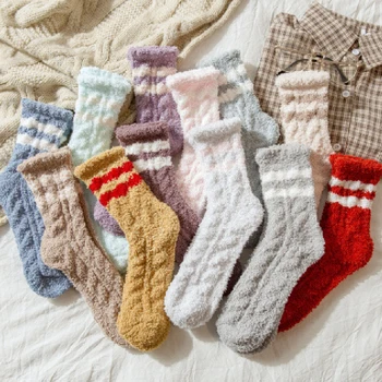 

1 Pair Cartoon Coral Fleece Socks Thickening Terry Warm Socks Home Floor Socks Autumn Winter Casual Socks For Women Men