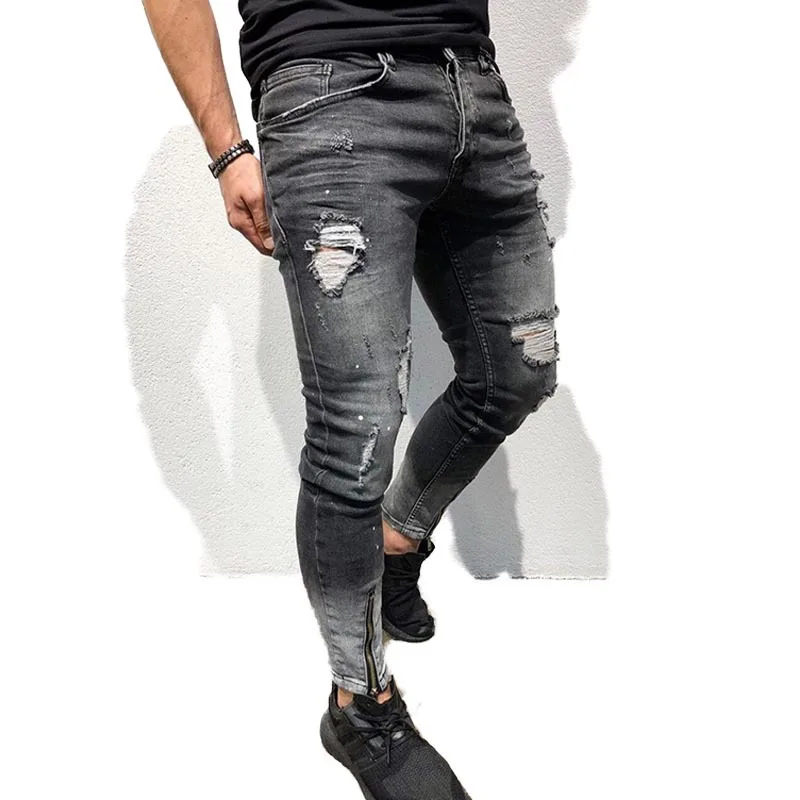 Новые обтягивающие мужские джинсы Уличная рваные Брюки Homme хип хоп сломанный мужской карандаш Байкер вышивка патч брюки