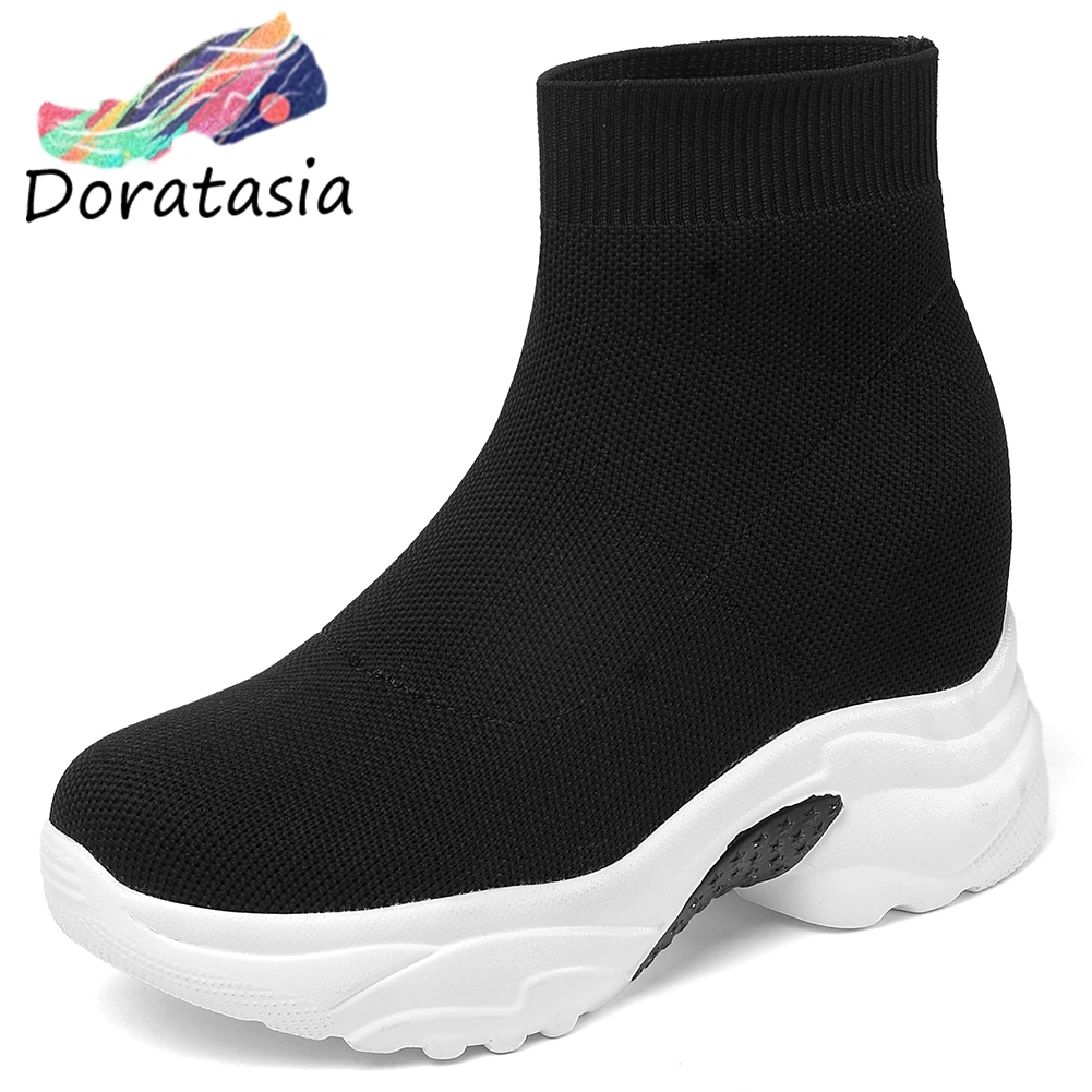 

DORATASIA New Ladies Elegant Black Ankle Sock Boots Women Fashion Platform Stretch Boots Med Wedges Shoes Woman