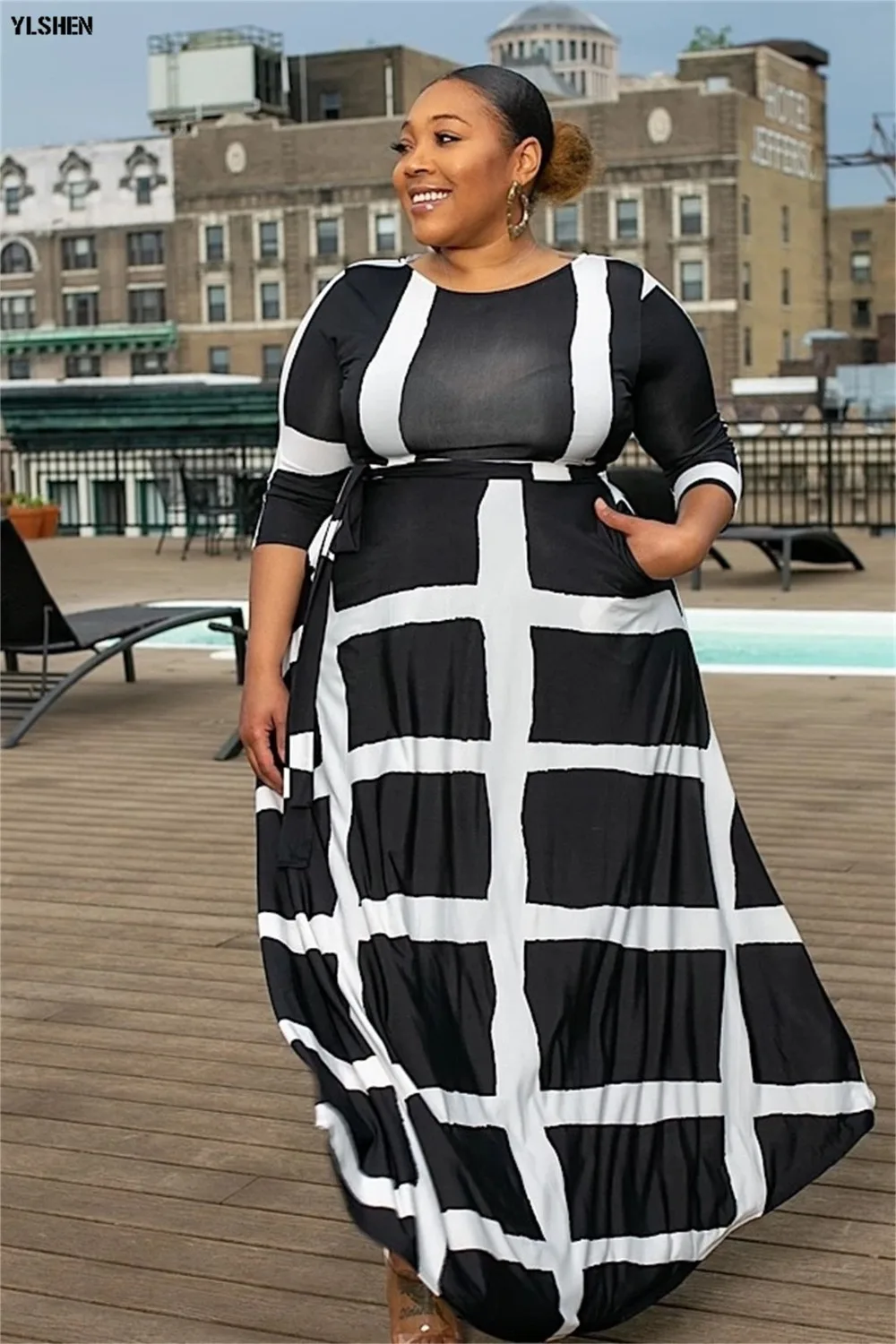 5XL African Dresses for Women Dashiki African Clothes Fashion Basin Riche Positioning Print Long Sleeve Black White Africa Dress 04