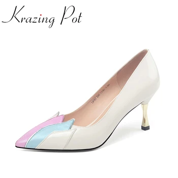 

Krazing pot 2020 new mixed colors genuine leather pointed toe high thin metal heels office lady shallow slip on summer pumps L67