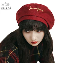 WELROG, Одноцветный шерстяной берет, шапка с буквенным принтом, модная восьмиугольная шапка, зима-весна, шапка для женщин и девочек, корейский берет, шапка