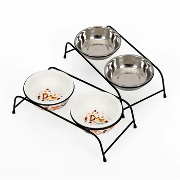 

New Fashion Dog Feeders Bowl Iron Frame Stainless Steel Ceramics Double Mouth Dog Bowl High Grade Antiskid Pet Supplies