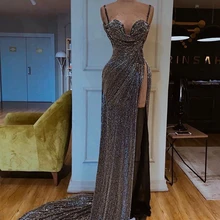 Длинное арабское женское вечернее платье, сексуальное, с высоким разрезом, милое, на бретельках, серое, дубайское, либанское, для девушек, официальное, вечернее платье