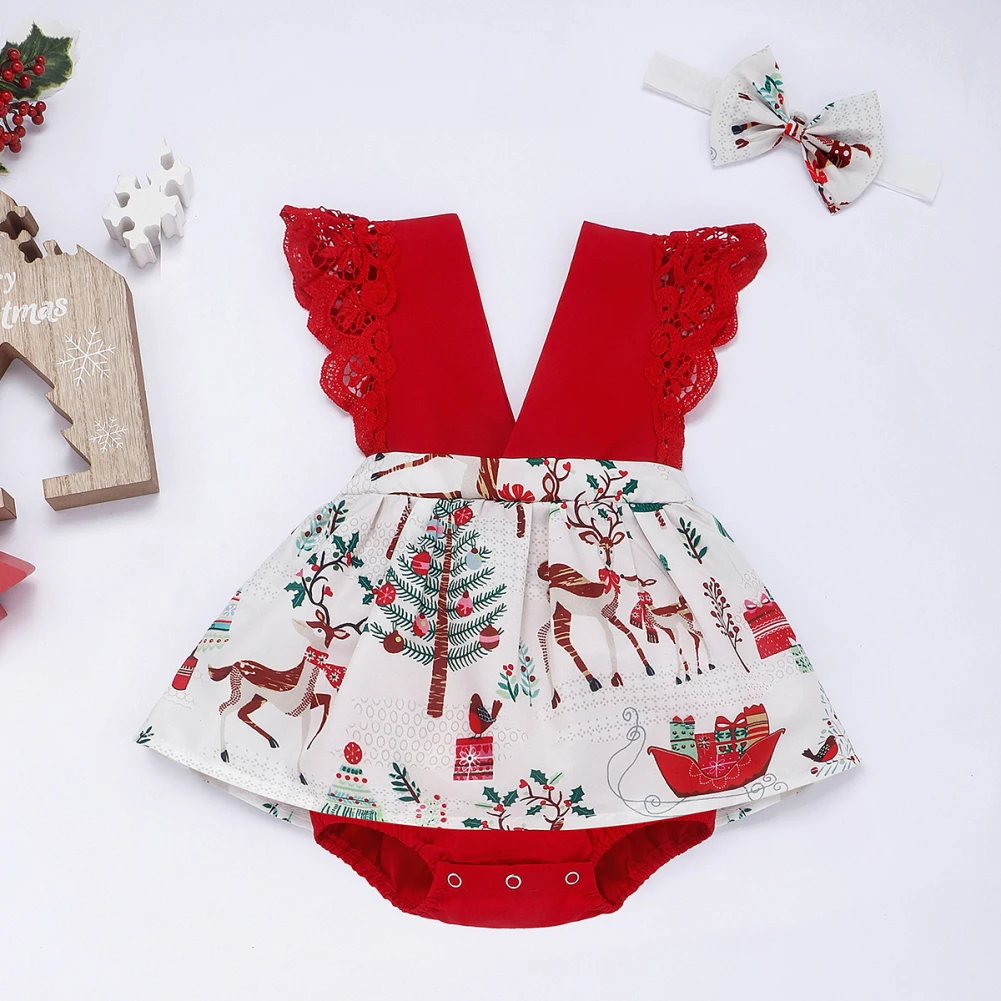 Рождественская Одежда для маленьких девочек детское Кружевное платье-комбинезон+ повязки; одежда