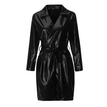 

night dress Sexy Women Deep V-Neck Leather nightdress Long Sleeve Dress Leather Lingerie Party Wear Belt S-XL Free shipping F5