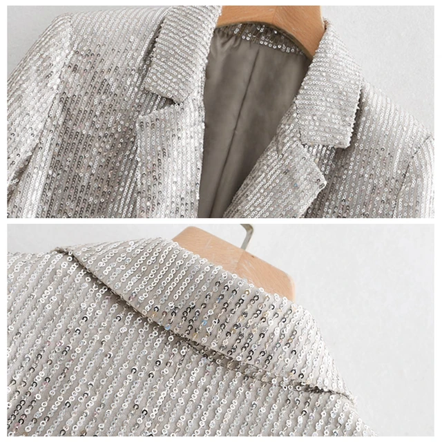 Women Geometric Pattern Sequined Blazer Feminino Shining Pockets Long Sleeve Outerwear Vintage Female Casual Tops 3