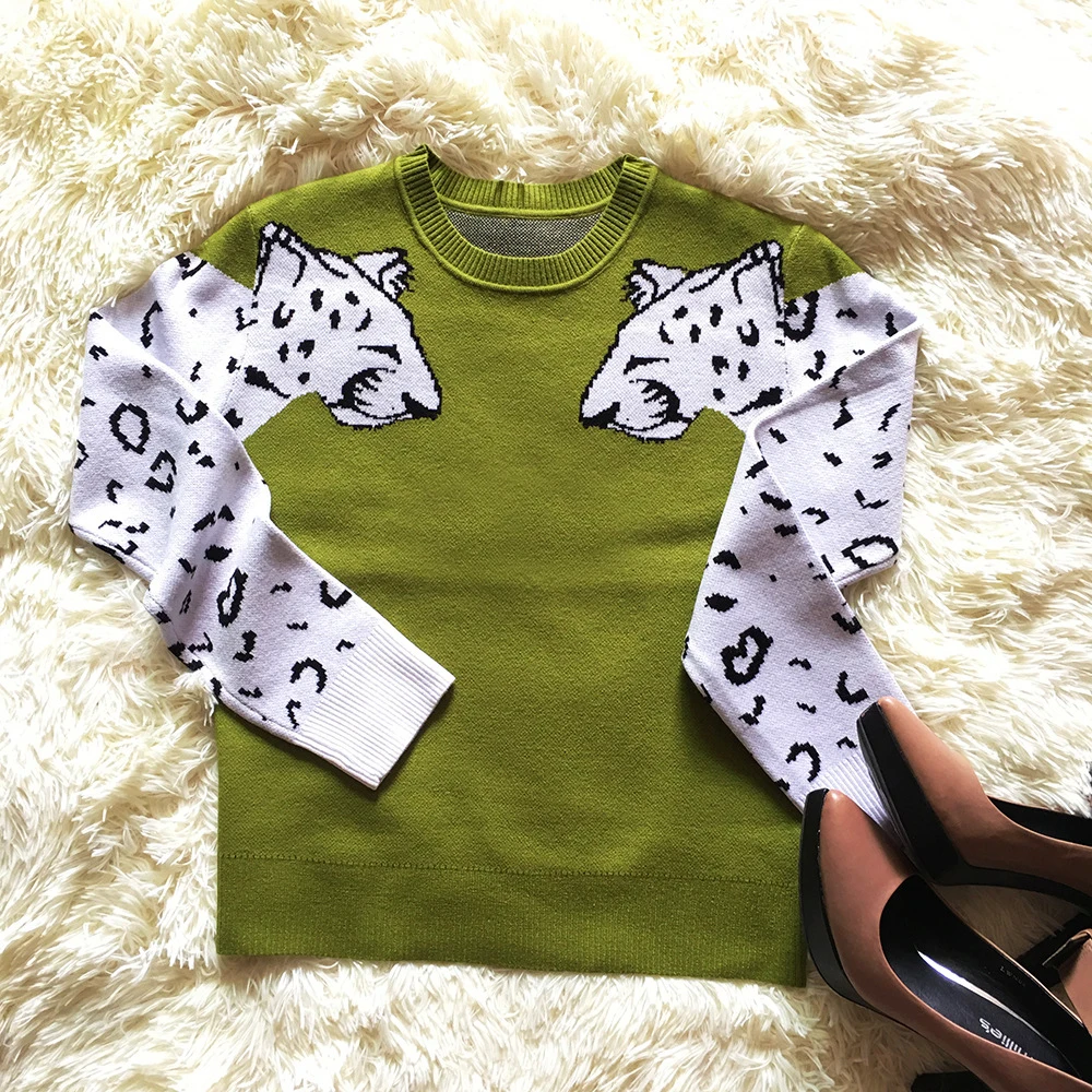 Укороченный женский свитер контрастного цвета с мозаичным леопардовым узором, рубашка с длинными рукавами, женская трикотажная Повседневная Свободная рубашка с круглым вырезом
