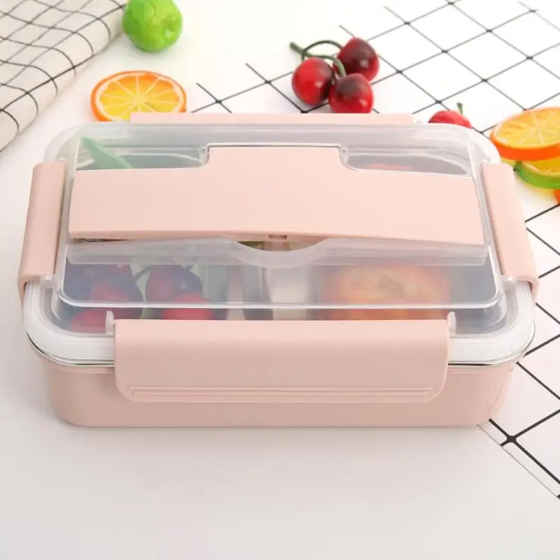 Ланч-бокс разделенные сетки из нержавеющей стали Bento box утолщение пищевой контейнер с одной парой палочек для еды одна ложка