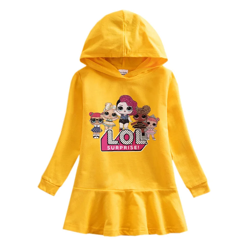 Girls Cartoon Hooded Sweater Dress Baby Doll Cotton Casual Dress Comfortable Cute Dress - Цвет: Ginger yellow