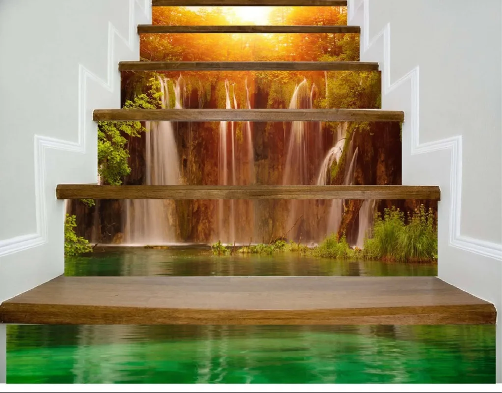 Шкаф светло серый распашной. Лестница из цветов. Плитка с орнаментом на лестницу. Имитация лестницы. Наклейки на ступеньки геометрические фигуры.