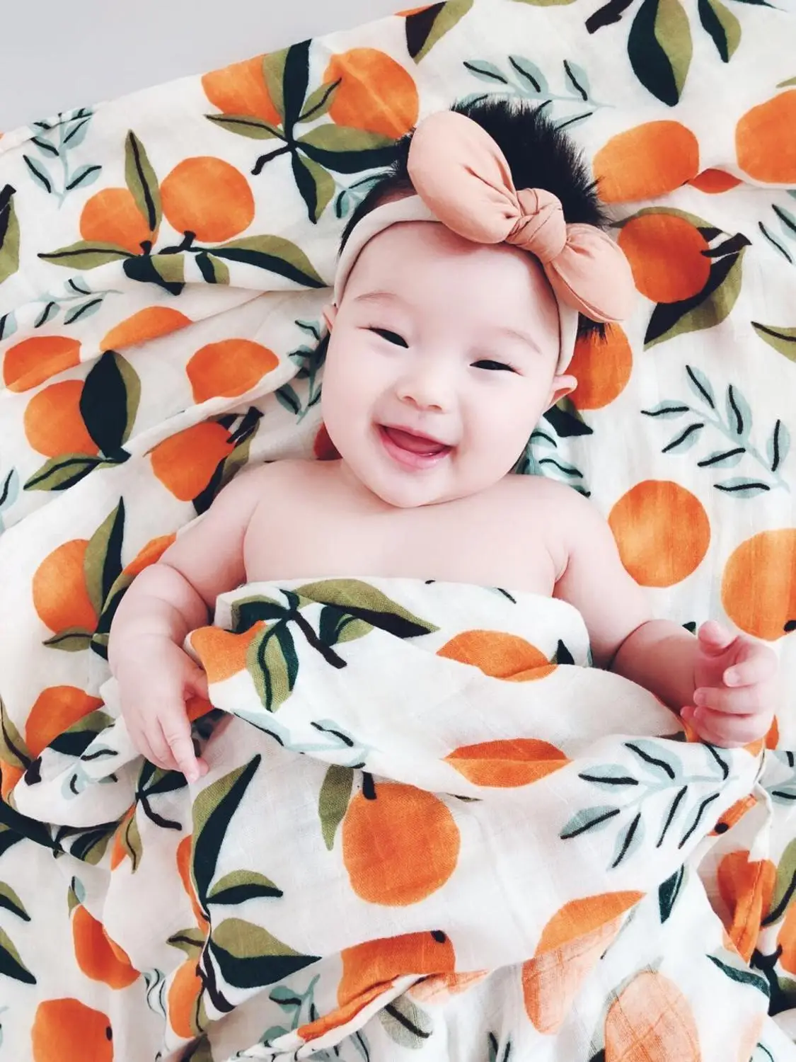 

Muslin Tree floral design baby swaddle blanket with headband newborn sleeping wrap set