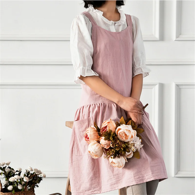 Saim Home Cooking Florist Apron Cotton Linen Kitchen Cafe Apron Women Sleeveless Pinafore Dress Women Cross Back Apron JJ50773