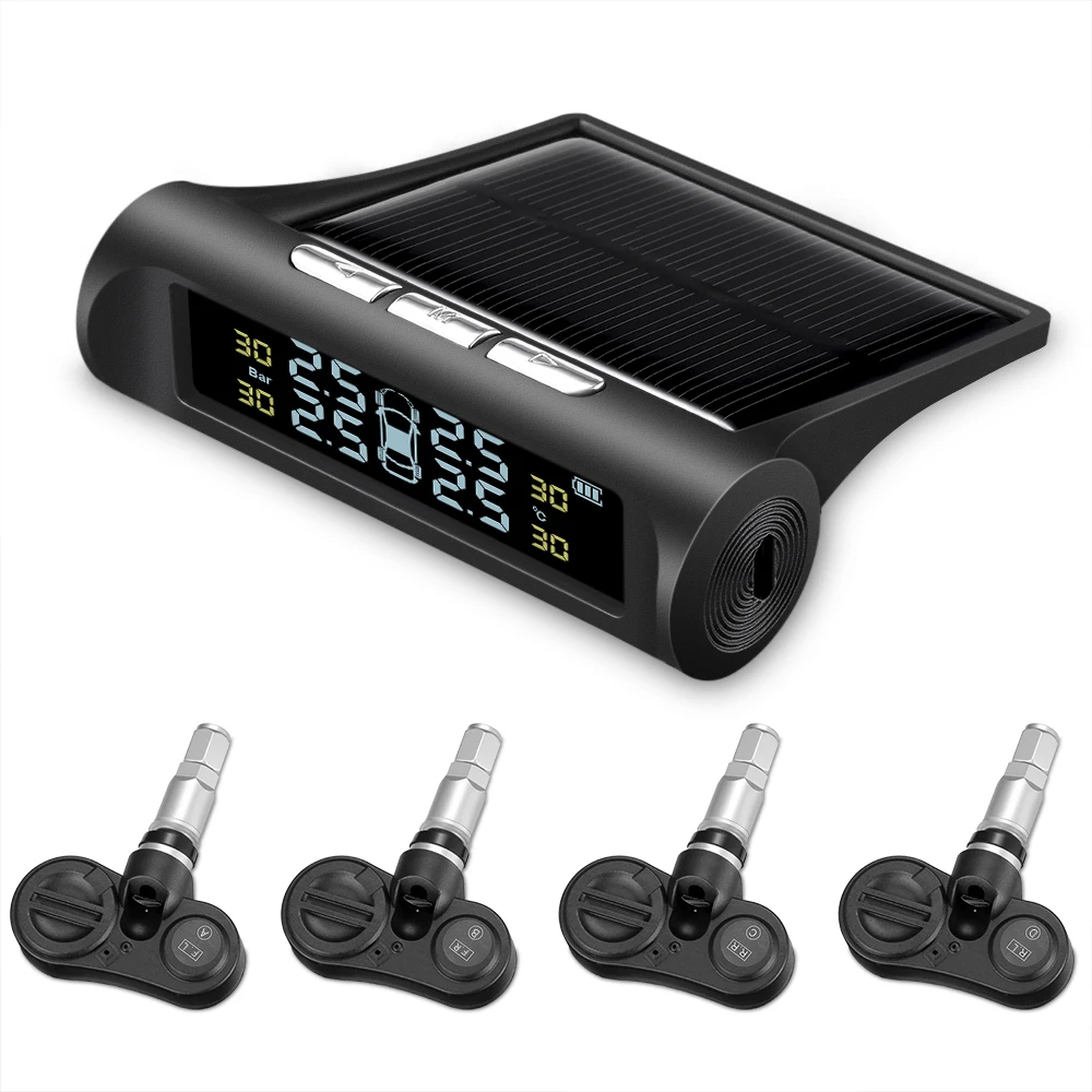 

Original Solar Power USB TPMS Car Tire Pressure Monitoring System LCD 4 Built-in Sensors for VW Toyota SUV Temperature Warning