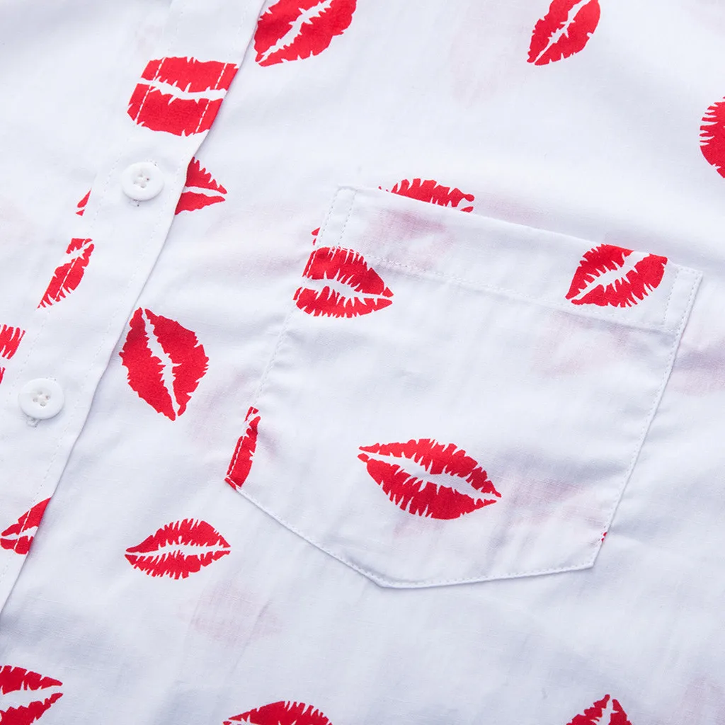 Мужская рубашка в форме губ с надписью Kiss с принтом Chemise Homme, модные рубашки с принтом, гавайская блуза с рисунком, повседневные тонкие рубашки с коротким рукавом, топы