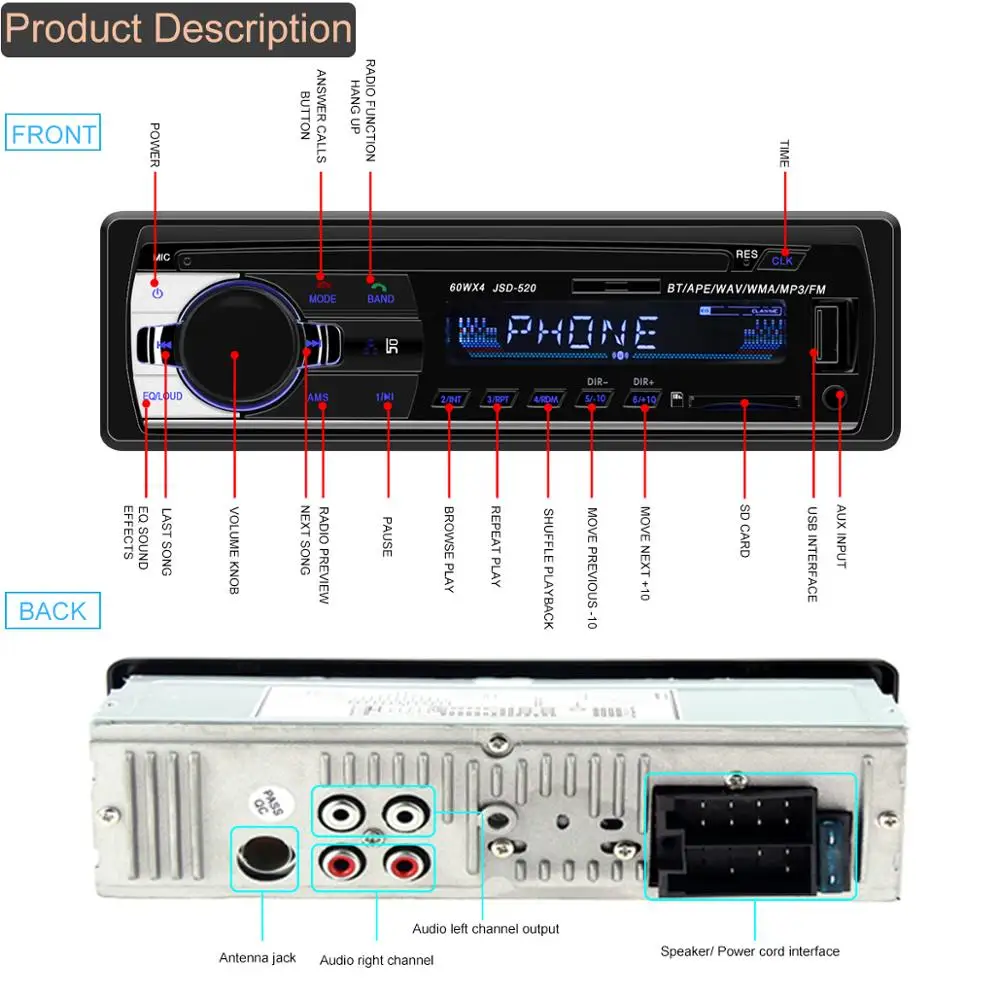 Автомобильный Bluetooth авто стерео Aux вход FM радио, sd, usb 12v In-dash 1 Din Автомобильный MP3-плеер JSD 520 Авторадио ИК-приемник