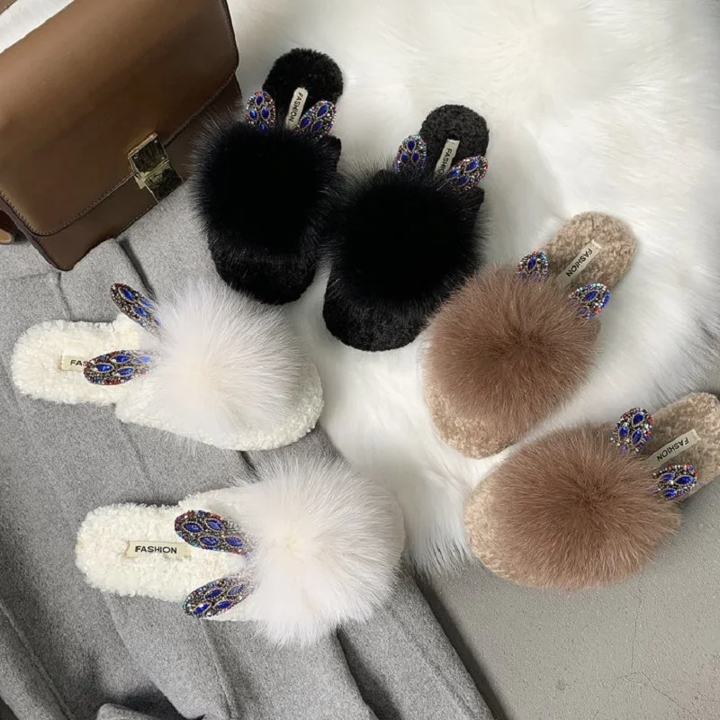 Women Home Slippers Winter Warm Shoes Woman Slip on Flats Slides Female Faux Fur Closed Toe |
