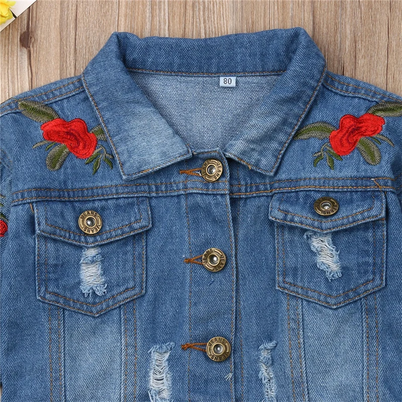 New Kids Baby Girl Fashion Outerwear Flower embroidery Coat Denim Jacket Top Cardigan Clothes Girl Autumn
