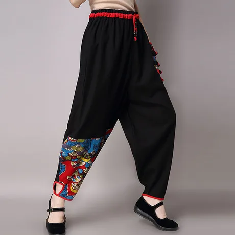 Online Retro casual hosen für frauen im frühjahr und herbst Chinesischen stil baumwolle leinen große größe breite bein hosen lose knickerbocker