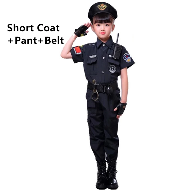 Short coat Pant Belt Костюмы полицейских для мальчиков; Детский костюм для косплея в стиле армии полиции; комплект одежды; сценический костюм с длинными рукавами - Цвет: Short coat Pant Belt