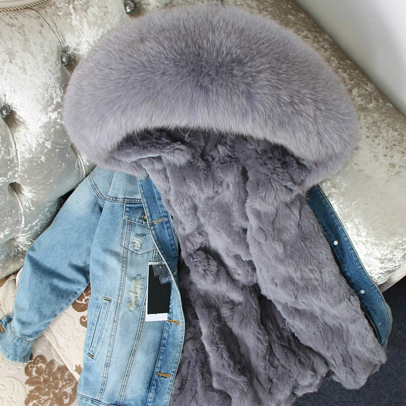 Cheap OFTBUY 2019 Winter Jacket Women Real Fur Coat Parka Real raccoon collar Rex Rabbit liner striped bomber Denim jacket Streetwear 2