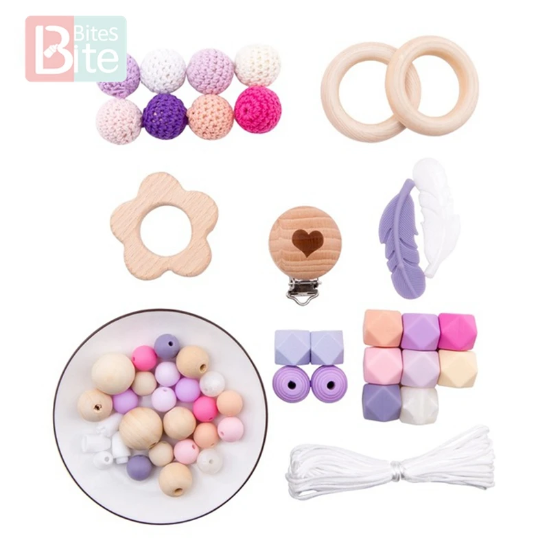 Pink Flower Set 1 Набор, детский Прорезыватель для зубов, сделай сам, силиконовая соска с бусами, цепочка с зажимом, детский мобильный шерстяной шар, BPA бесплатно, деревянные вязаные бусины, Прорезыватель для зубов - Цвет: Pink Flower Set
