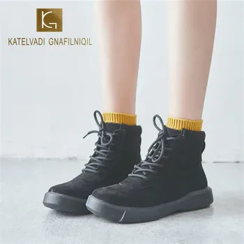 

KATELVADI Women Boots Stylish Comfortable Handmade Round Toe 3.5CM Med Heel Shoes Lace-Up Ladies Boots XYL-012