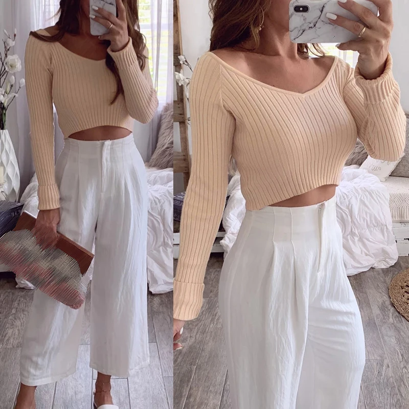 Осенний женский плотный облегающий Топ пикантные Короткие Топы Глубокий v-образный вырез длинный рукав Midriff-Baring женский свитер