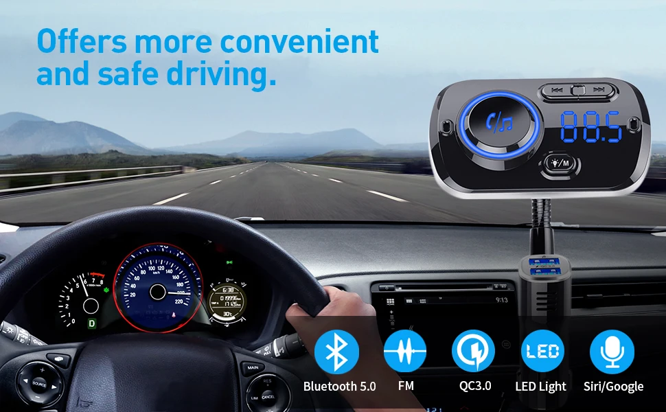 Bluetooth 5,0 автомобильный комплект громкой связи FM передатчик Беспроводной аудио адаптер приемник с QC3.0 зарядки 7-Цвет освещенная контржурным светом 4 режима воспроизведения