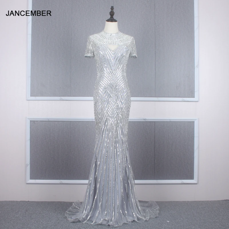 Вечернее платье-Русалка с серебряными бусинами вечернее платье коротким рукавом