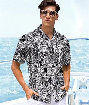 

3D Digital Print Mens Designer Shirts Fashion Newspaper Mulit Print Panelled Mens Shirts Casual Males Clothing