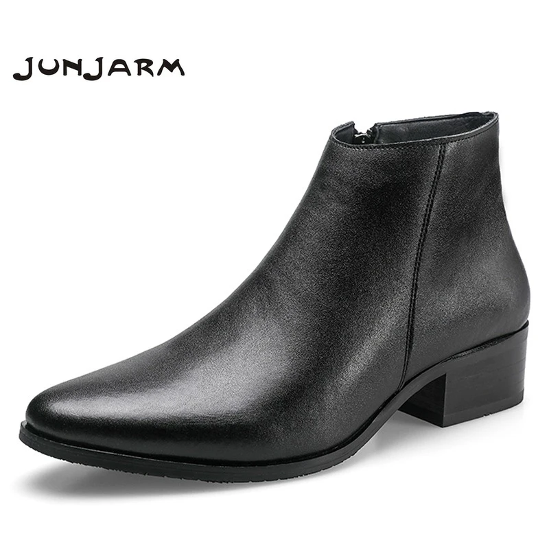 Online JUNJARM 2019 botas de hombre Botas de cuero genuino para hombre Botas de moda para hombre Botas de Chelsea negro cómodo calzado de hombre
