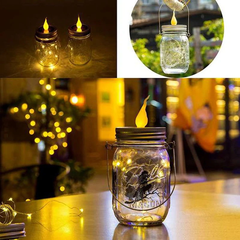 6 Pack Solar Mason Jar Lights with Candle Flame Handles Included, 20 Led String Fairy Firefly Lights Lids Insert for Regular Mou