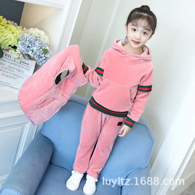 

2020 New Style Girls Gold Velvet Set Winter Big Boy BOY'S Thread Three-piece Set Fashion Korean-style